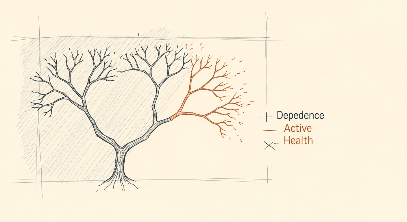 Sketch of an open source dependency tree with healthy and dead branches