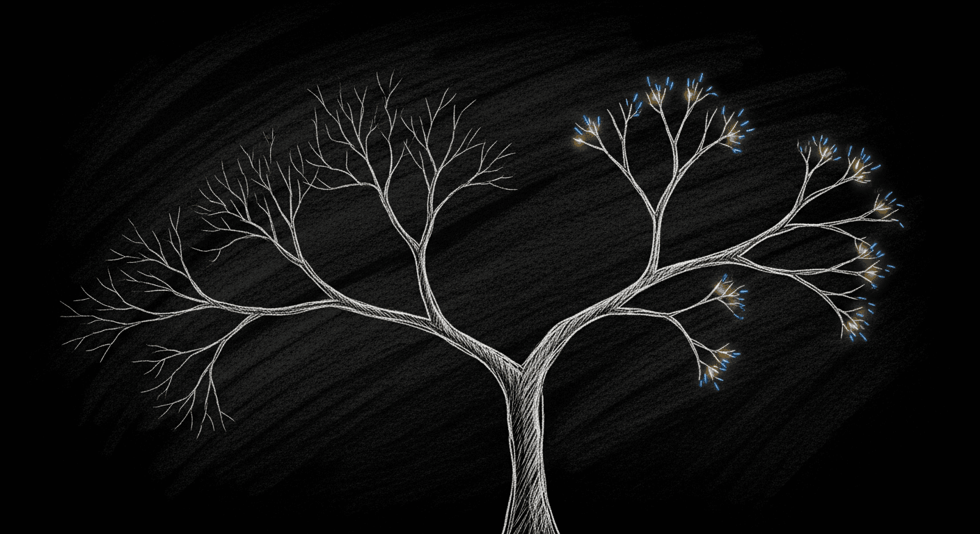 Sketch of an open source dependency tree with healthy and dead branches