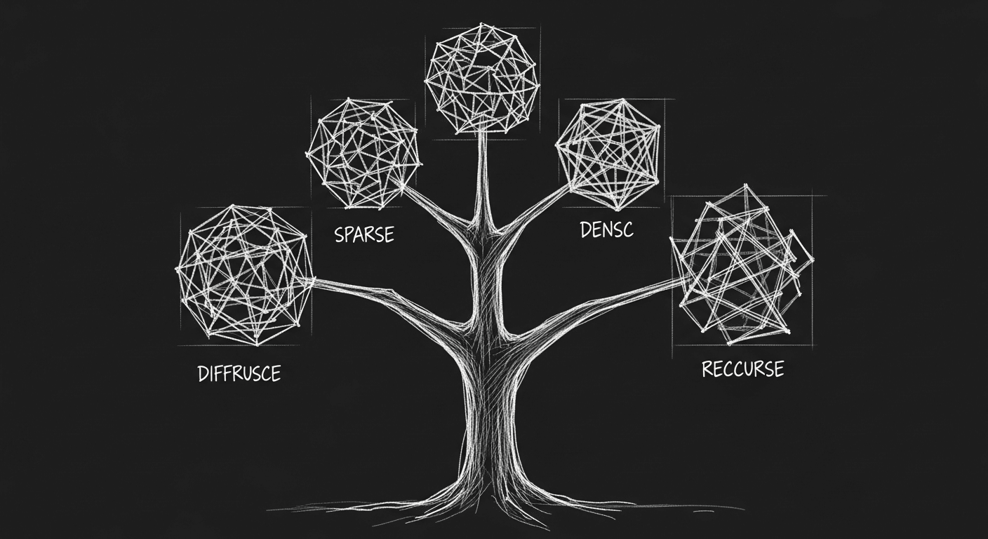 Sketch of LLM architectures branching from a central trunk