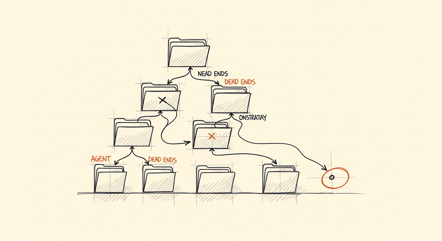 Sketch of an AI agent navigating a file tree as a maze