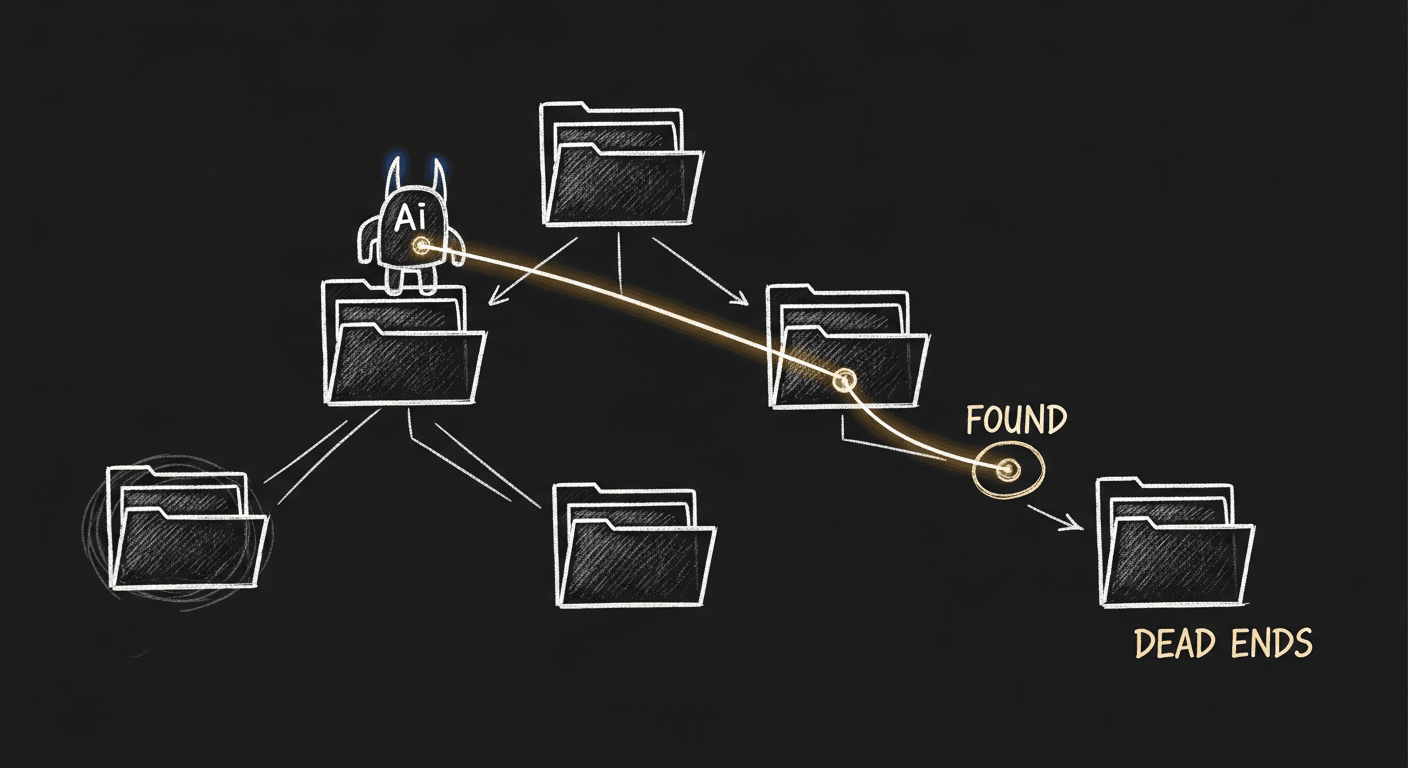 Sketch of an AI agent navigating a file tree as a maze