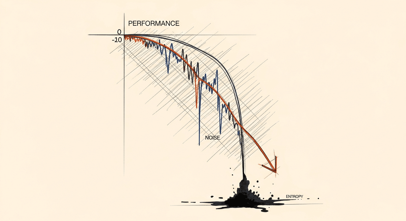 Sketch of performance degrading as context fills with irrelevant noise