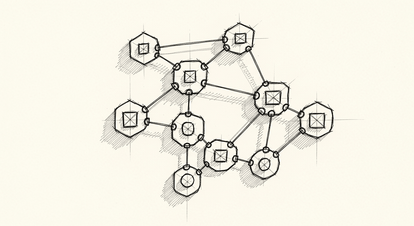 Sketch of decentralized agents self-organizing without central control
