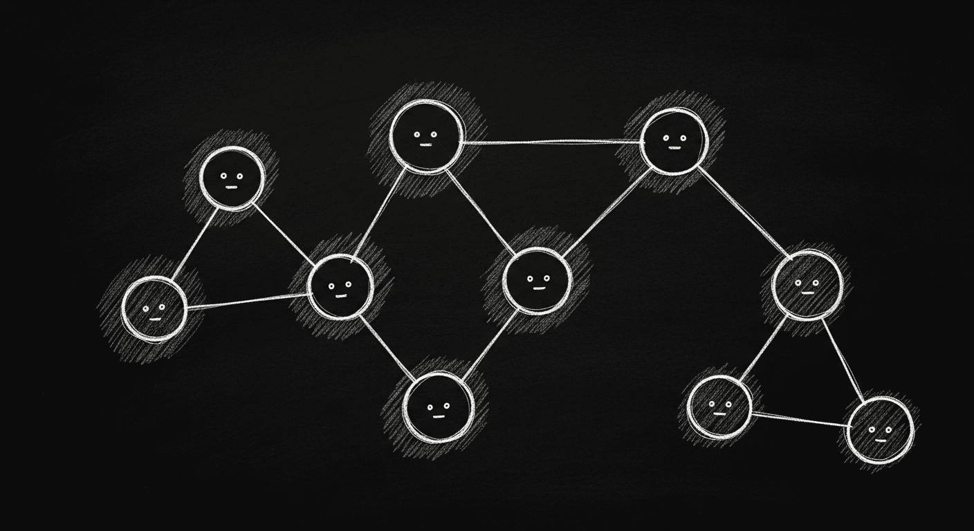Sketch of decentralized agents self-organizing without central control