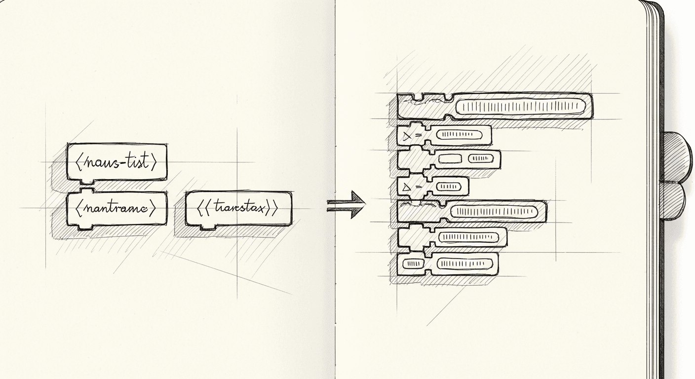 Sketch of English instructions flowing into executable code structure