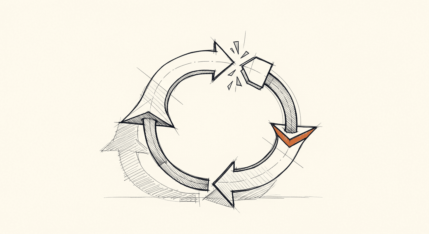 Sketch of a broken AI product feedback loop with missing evaluation link