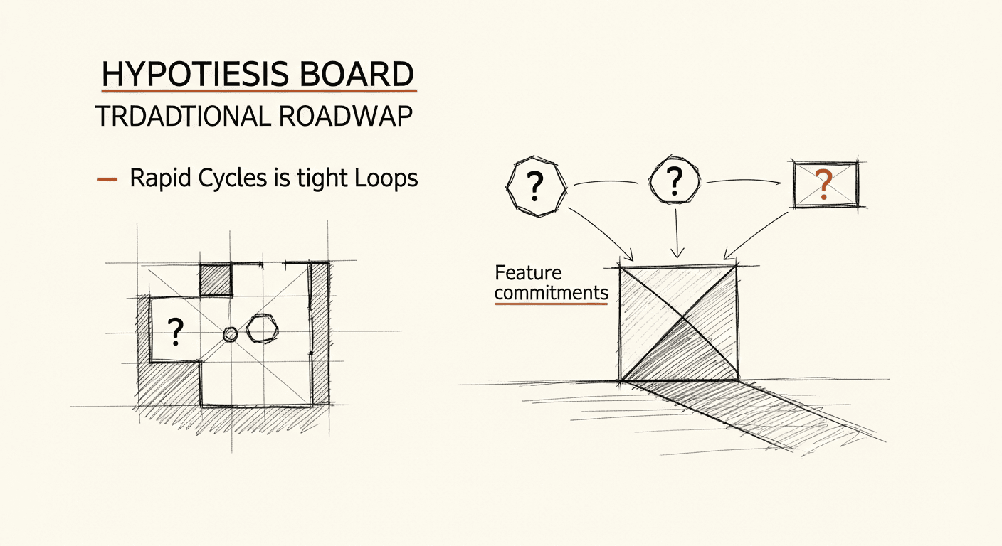 Sketch of experiment hypothesis board replacing a traditional product roadmap