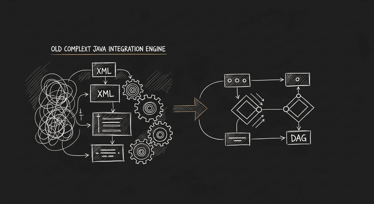 Sketch of an integration engine evolving from legacy Java architecture to modern DAG-based workflow