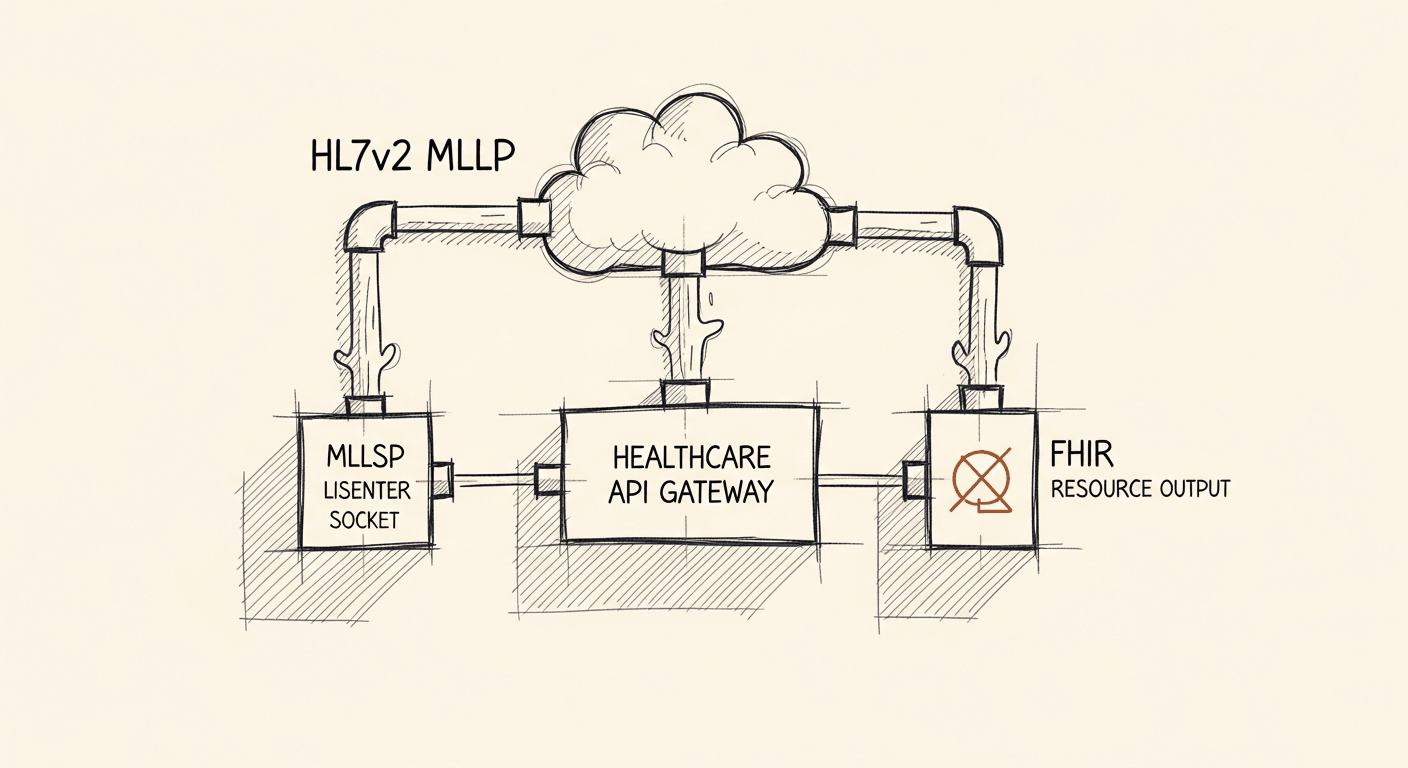 Schematic of HL7v2 MLLP message ingestion pipeline into Google Cloud Healthcare API and FHIR