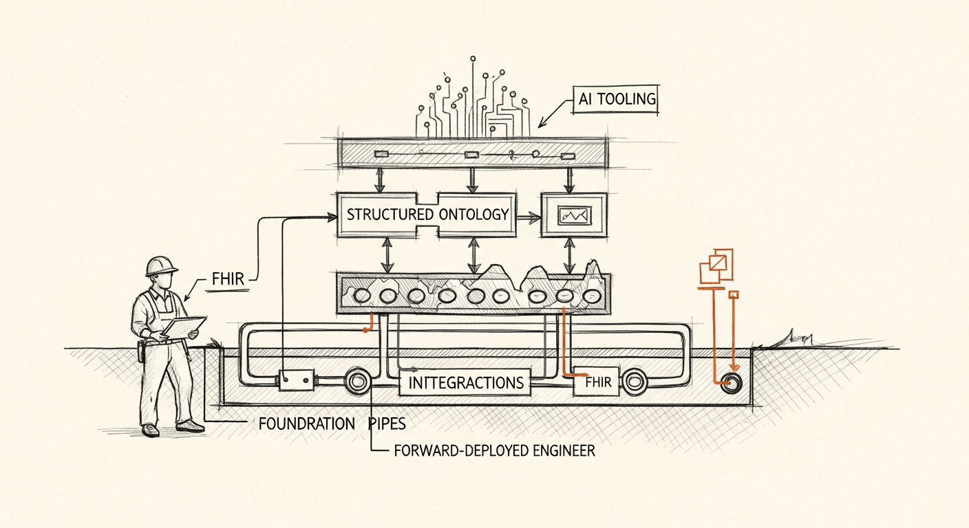 Architectural cross-section showing healthcare AI built on a foundation of integrations, ontology, and forward deployment