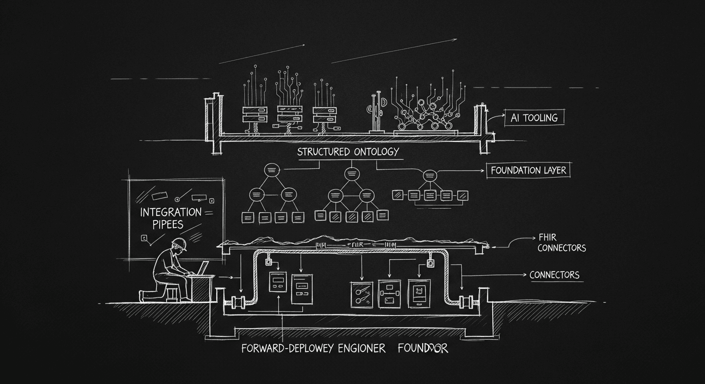 Architectural cross-section showing healthcare AI built on a foundation of integrations, ontology, and forward deployment