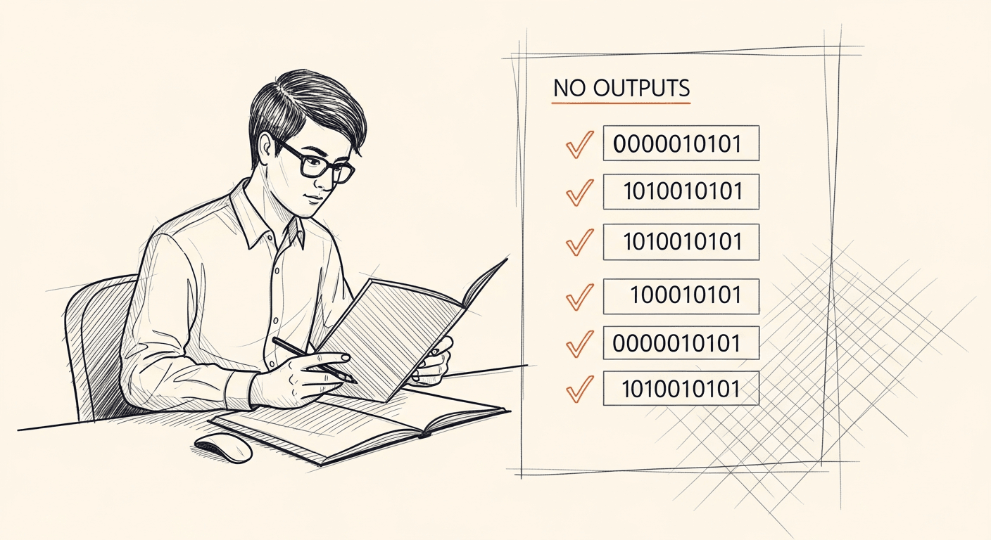 Sketch of developer manually reviewing AI outputs with binary pass/fail judgment