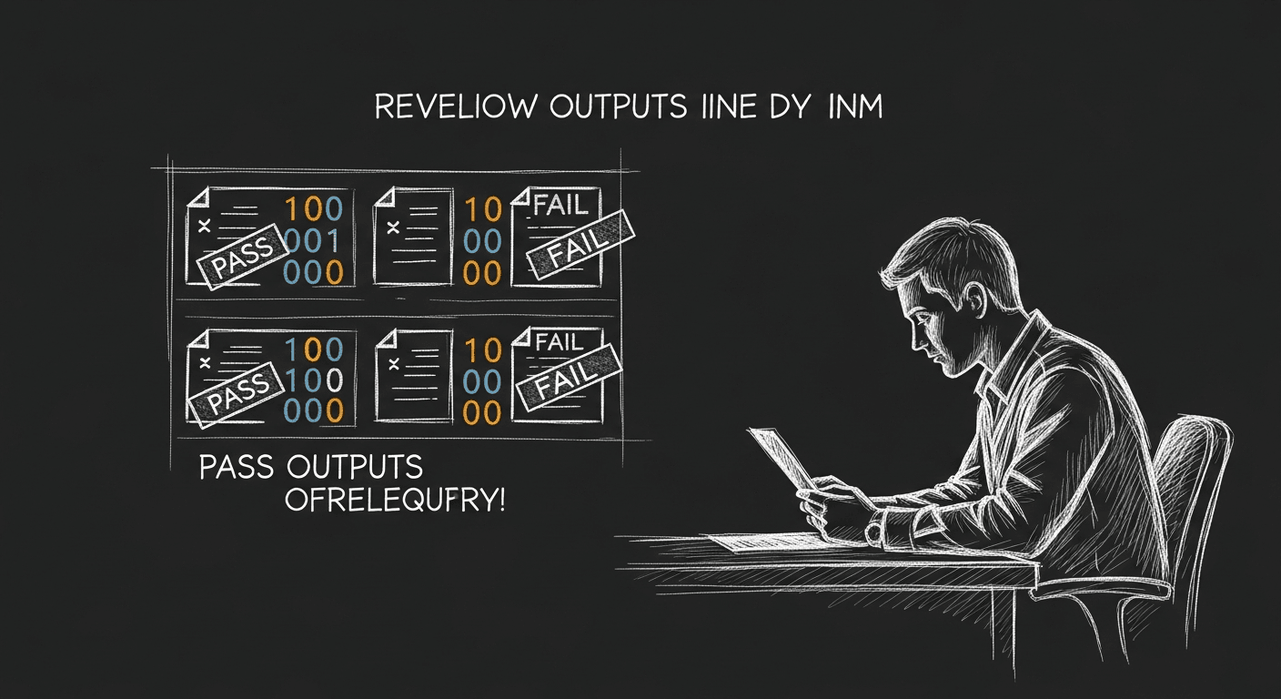 Sketch of developer manually reviewing AI outputs with binary pass/fail judgment