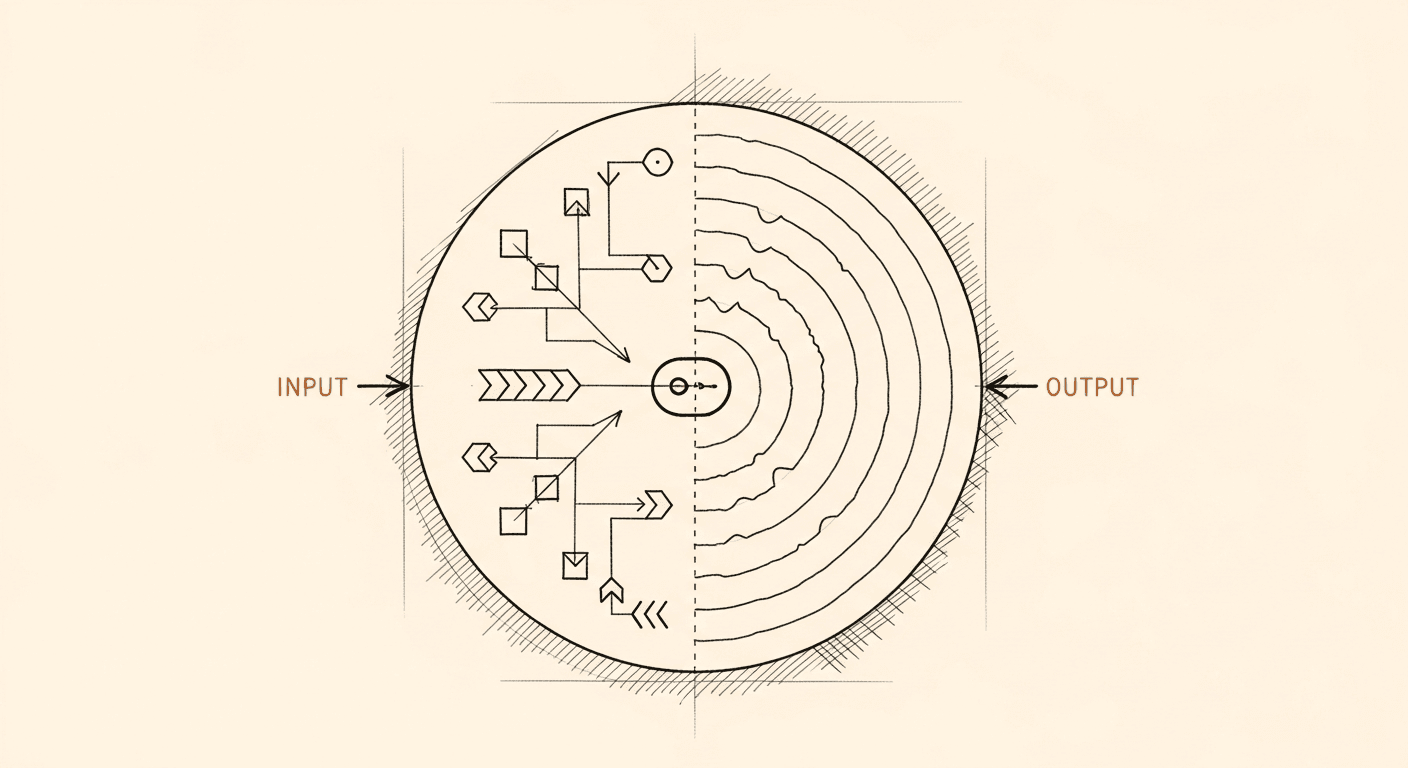 Sketch of a single conversational node split vertically — one half routes via tool chevrons, the other half emits a spoken response as concentric sound waves