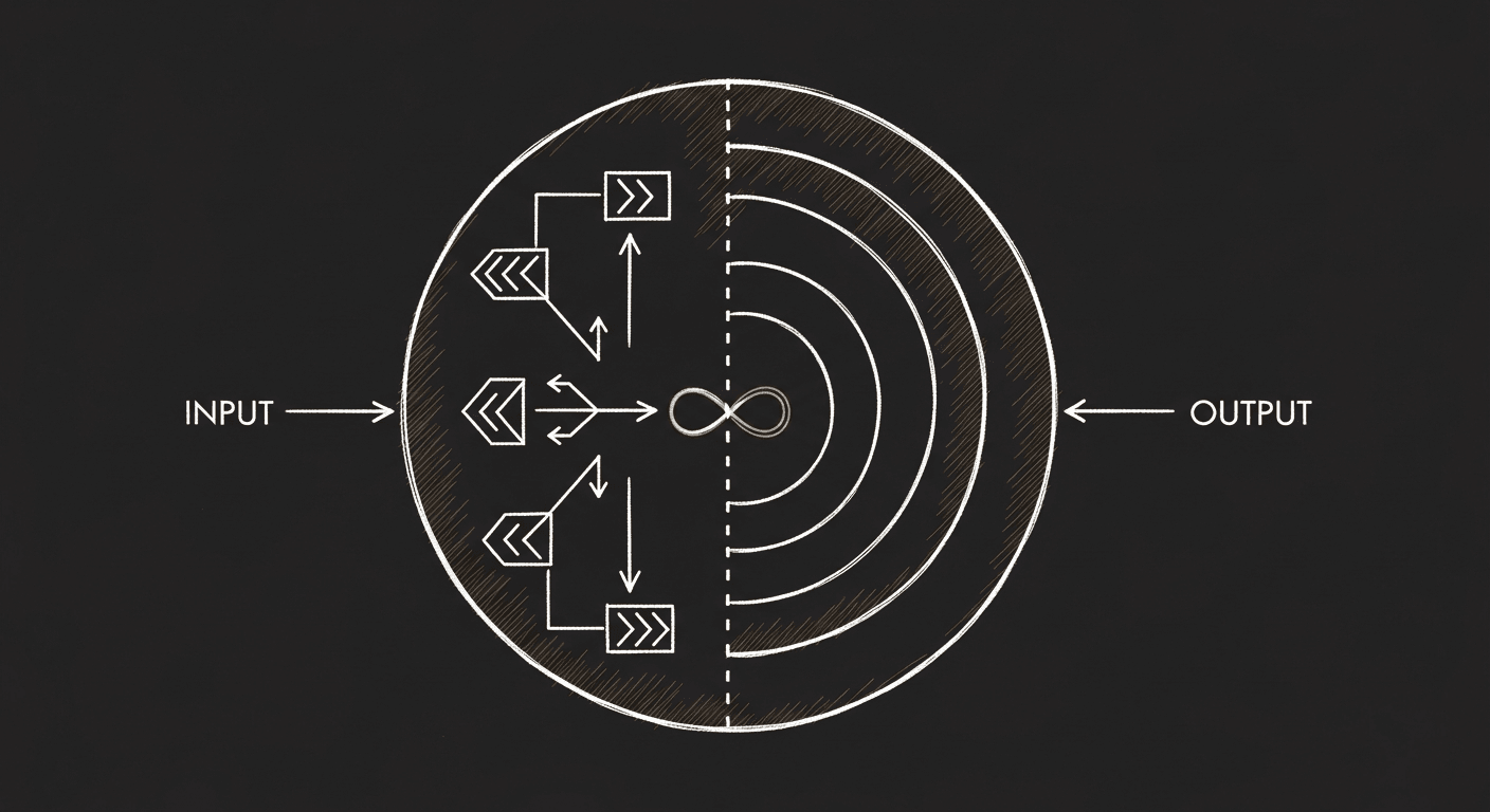 Sketch of a single conversational node split vertically — one half routes via tool chevrons, the other half emits a spoken response as concentric sound waves