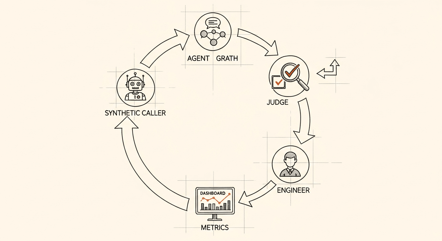 Sketch of a circular evaluation feedback loop with five nodes — agent, synthetic personas, judge, metrics dashboard, engineer — with a calibration branch from the dashboard back to ground truth