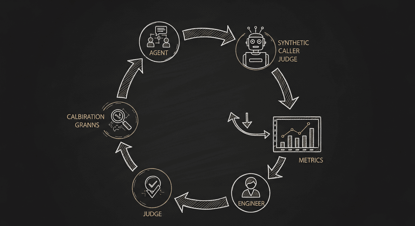 Sketch of a circular evaluation feedback loop with five nodes — agent, synthetic personas, judge, metrics dashboard, engineer — with a calibration branch from the dashboard back to ground truth