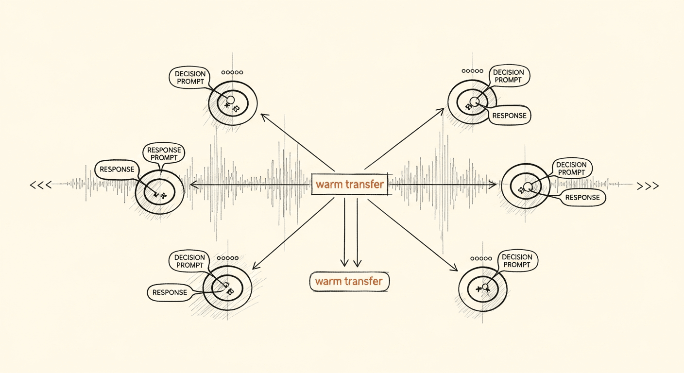Sketch of a production voice agent stack: graph nodes with decision and response prompts, ASR/LLM/TTS pipeline, synthetic-call regression loop