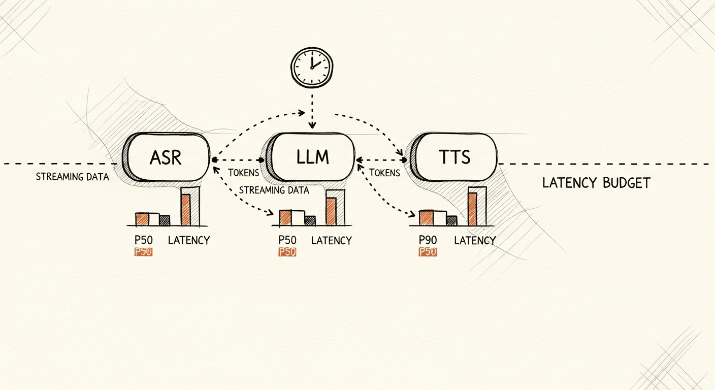 Sketch of an ASR → LLM → TTS pipeline as three sequential blocks on a horizontal timeline, each with a P50 and P90 latency bar beneath, a budget threshold cutting across the top