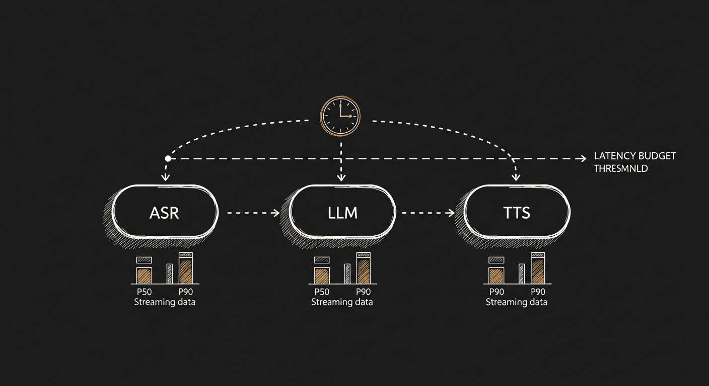 Sketch of an ASR → LLM → TTS pipeline as three sequential blocks on a horizontal timeline, each with a P50 and P90 latency bar beneath, a budget threshold cutting across the top