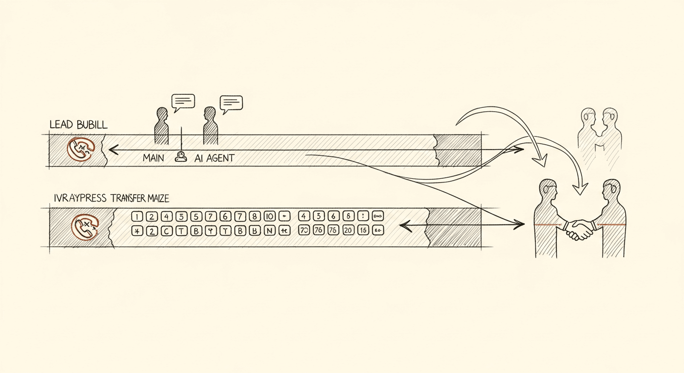 Sketch of two parallel calls: the main agent holding the lead on one line while a transfer agent navigates an IVR on the other, merging into a human-to-human handshake at the right edge