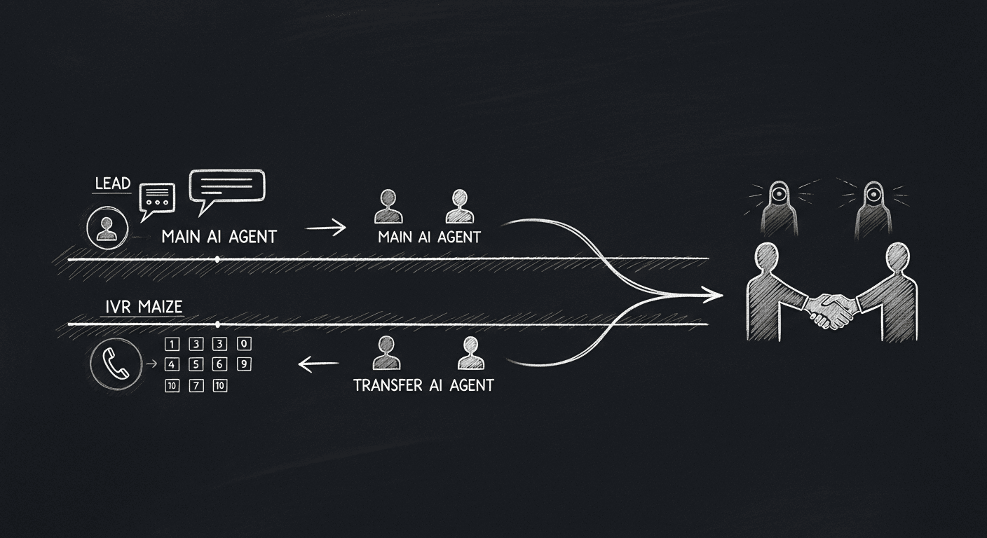 Sketch of two parallel calls: the main agent holding the lead on one line while a transfer agent navigates an IVR on the other, merging into a human-to-human handshake at the right edge