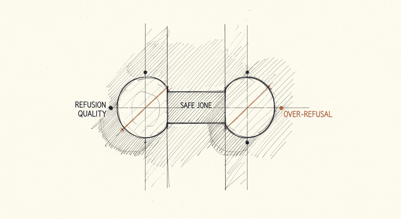 Sketch of dual-axis jailbreak evaluation measuring refusal vs over-refusal