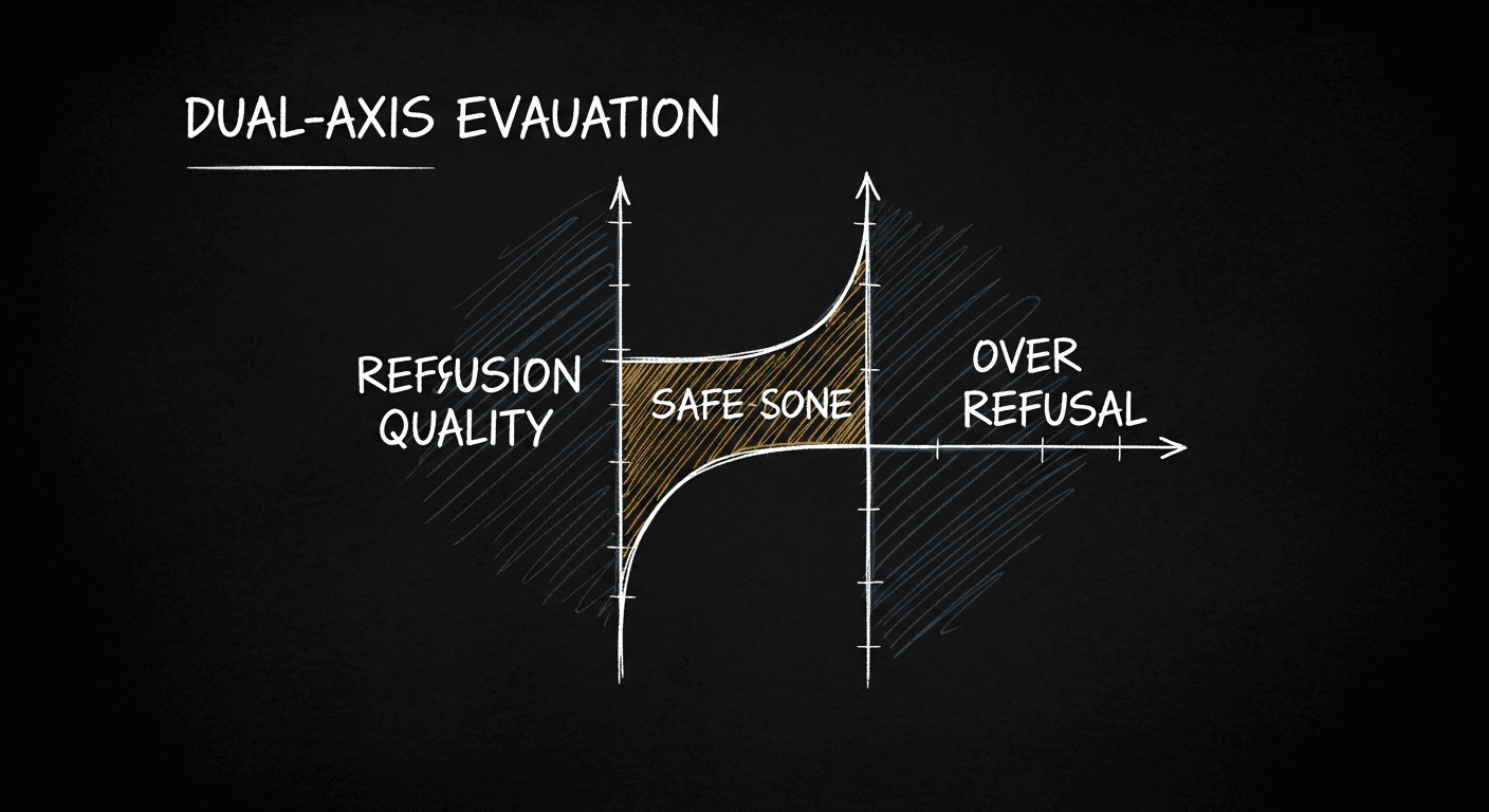 Sketch of dual-axis jailbreak evaluation measuring refusal vs over-refusal