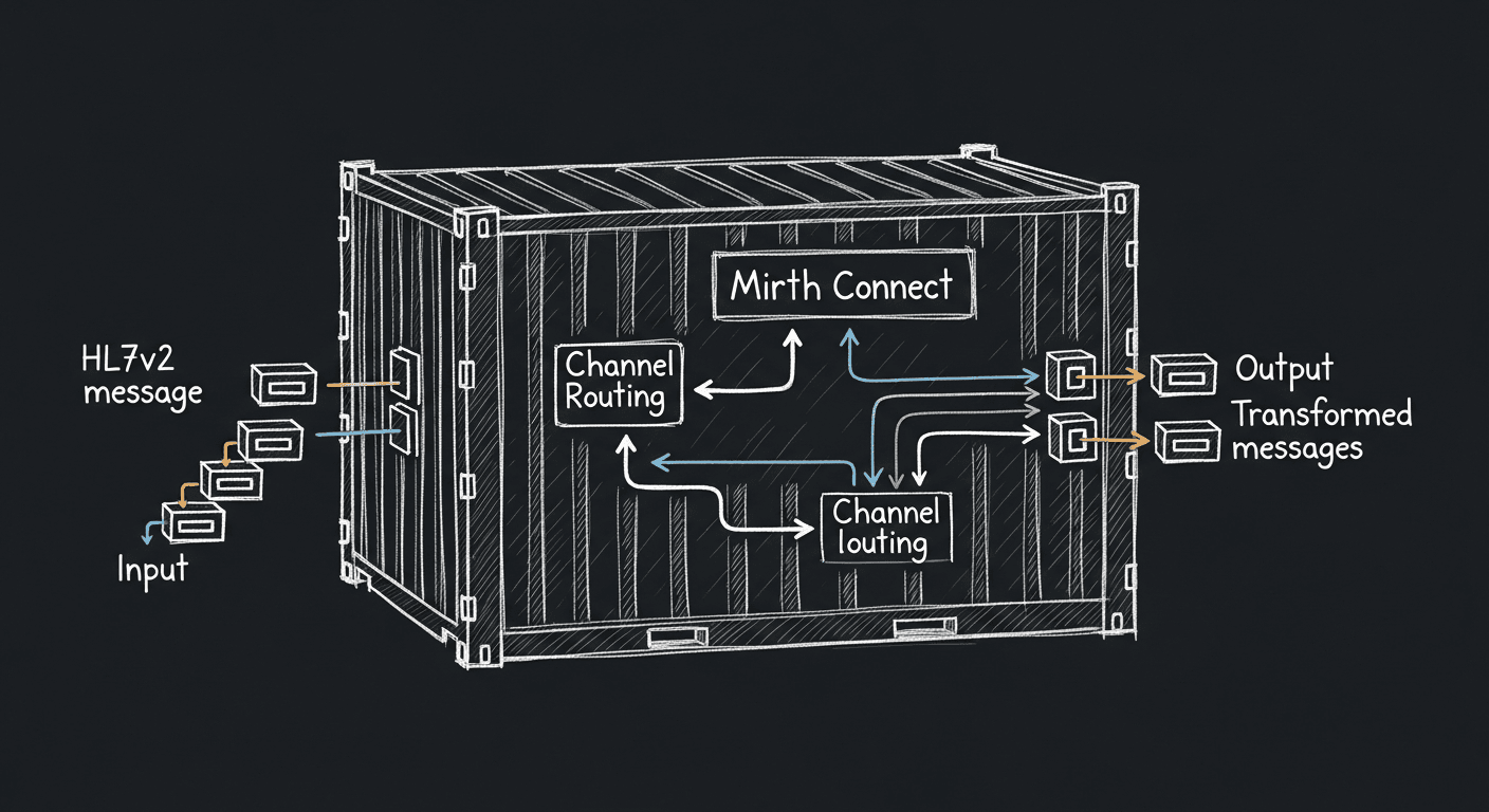 Technical schematic of Mirth Connect inside a Docker container with HL7v2 message flow