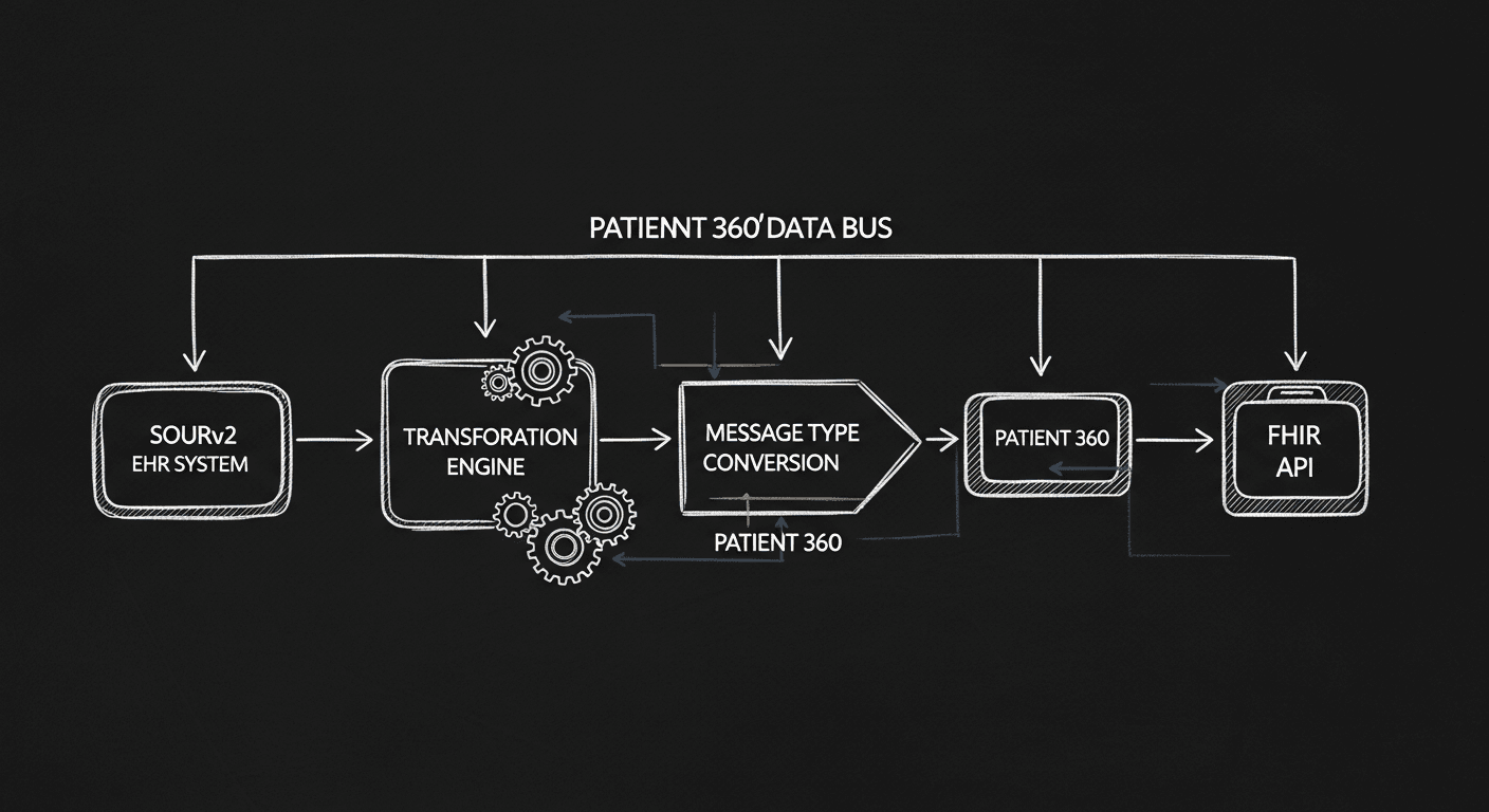 Schematic of MuleSoft healthcare integration flow from HL7v2 EHR source to FHIR API target