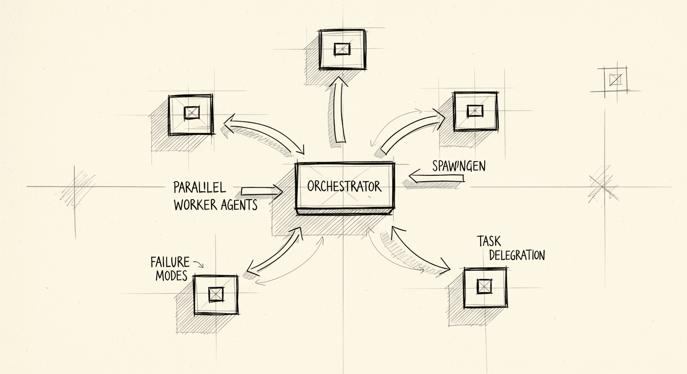 Sketch of orchestrator agent spawning parallel workers with failure modes noted