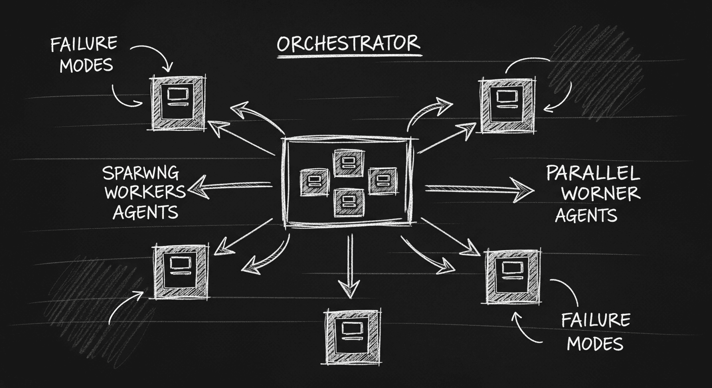Sketch of orchestrator agent spawning parallel workers with failure modes noted
