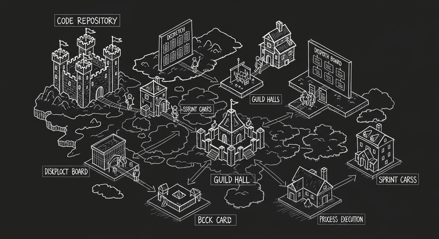 Isometric sketch of an RPG world map as an agentic software architecture with agent figures, castle repositories, and dispatch board