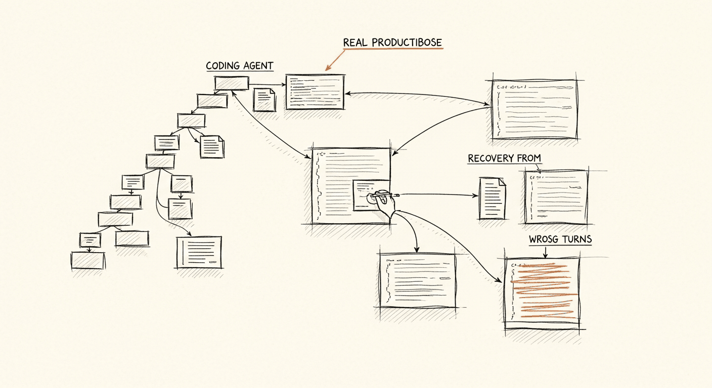 Sketch of a coding agent navigating a production codebase with tool calls
