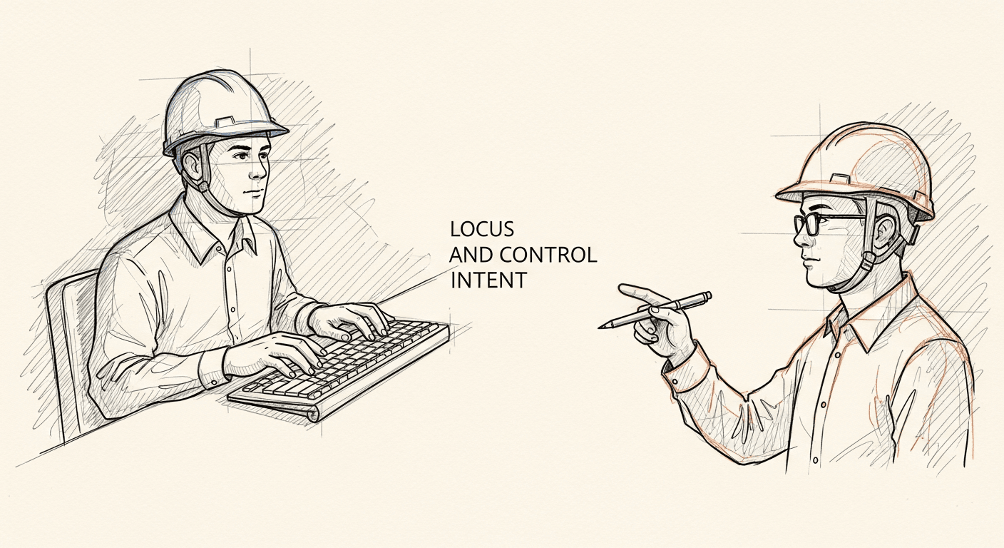 Sketch of engineer shifting from writing code to directing an AI system