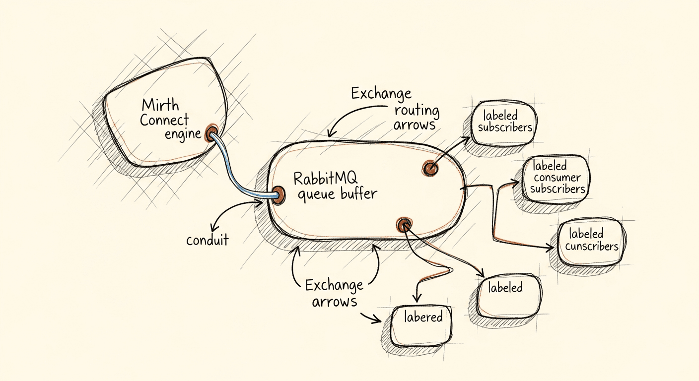 Schematic of Mirth Connect feeding HL7v2 messages into a RabbitMQ queue with multiple consumers