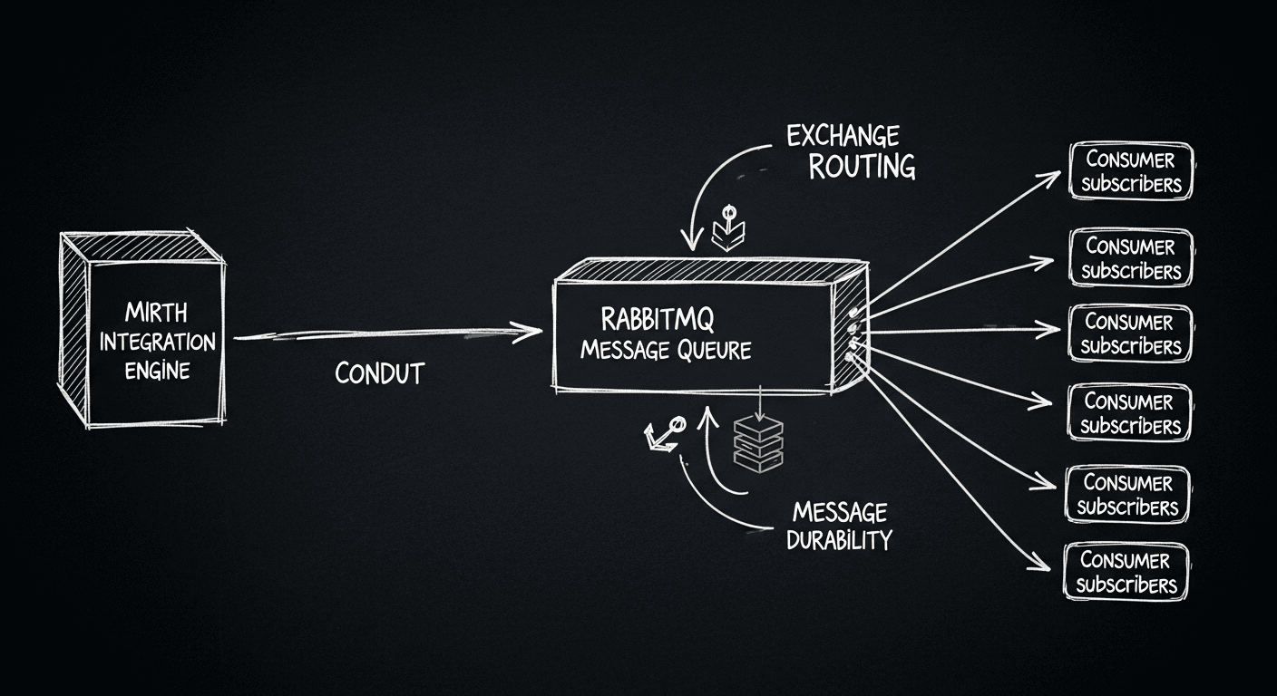 Schematic of Mirth Connect feeding HL7v2 messages into a RabbitMQ queue with multiple consumers