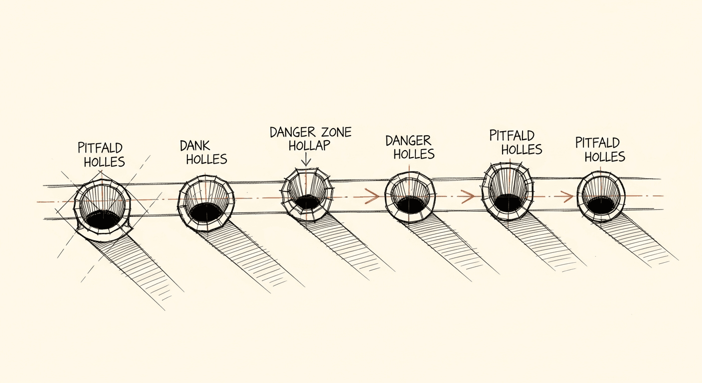 Sketch of six failure mode pitfalls along an AI product journey path