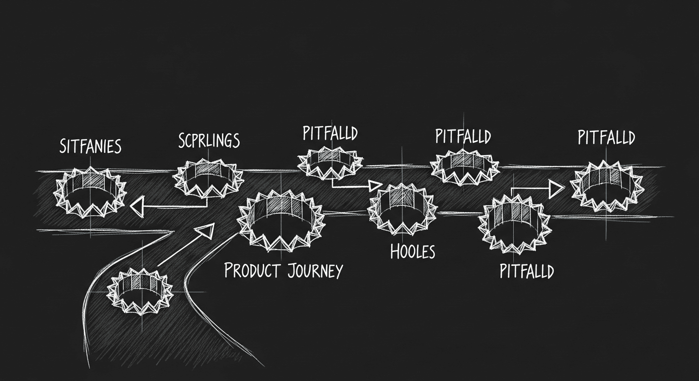 Sketch of six failure mode pitfalls along an AI product journey path