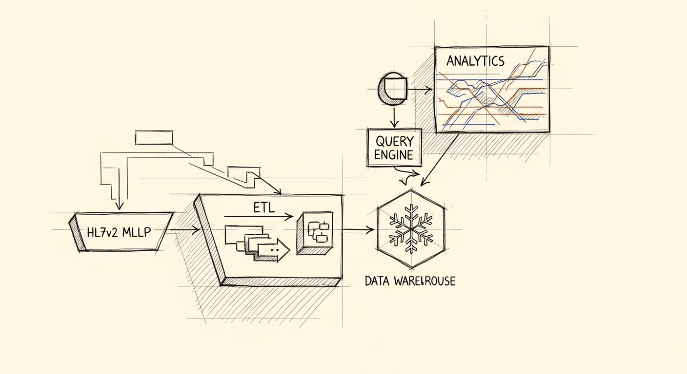 Schematic of HL7v2 MLLP message pipeline into a Snowflake data warehouse with ETL stages