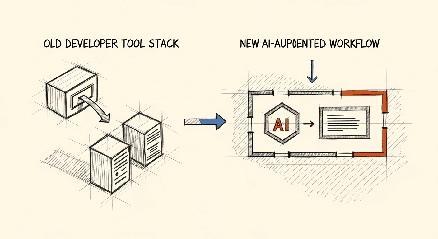 Sketch of old developer tool stack being replaced by AI-augmented workflow