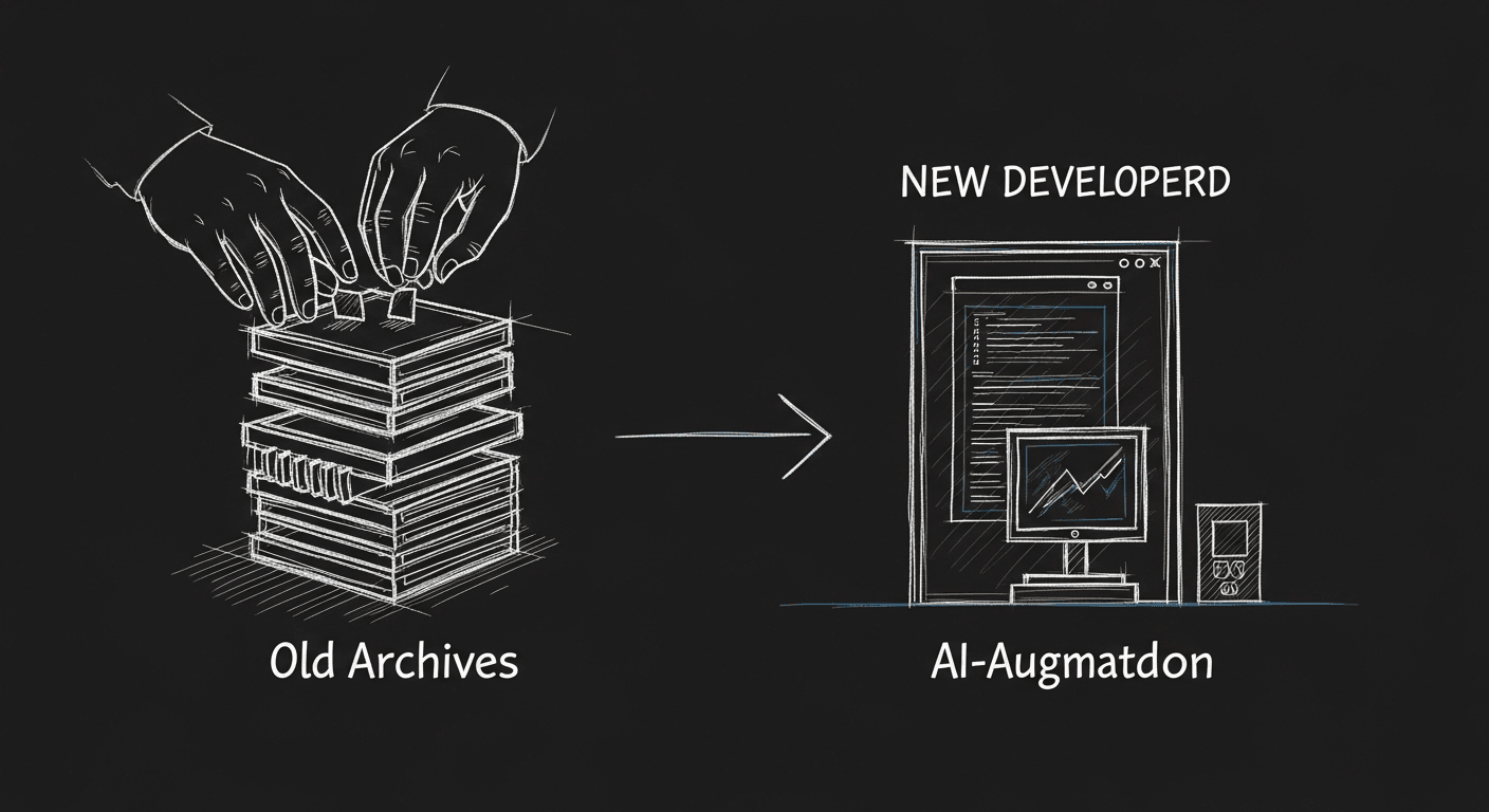 Sketch of old developer tool stack being replaced by AI-augmented workflow
