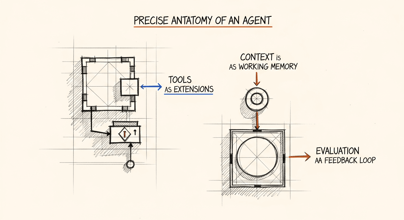 Sketch of AI agent anatomy: tools, context, and evaluation loop