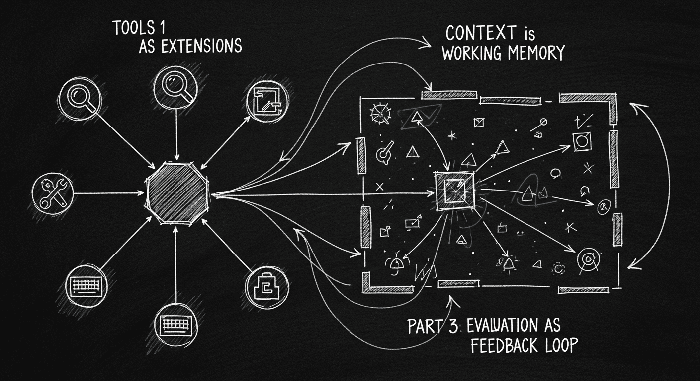 Sketch of AI agent anatomy: tools, context, and evaluation loop