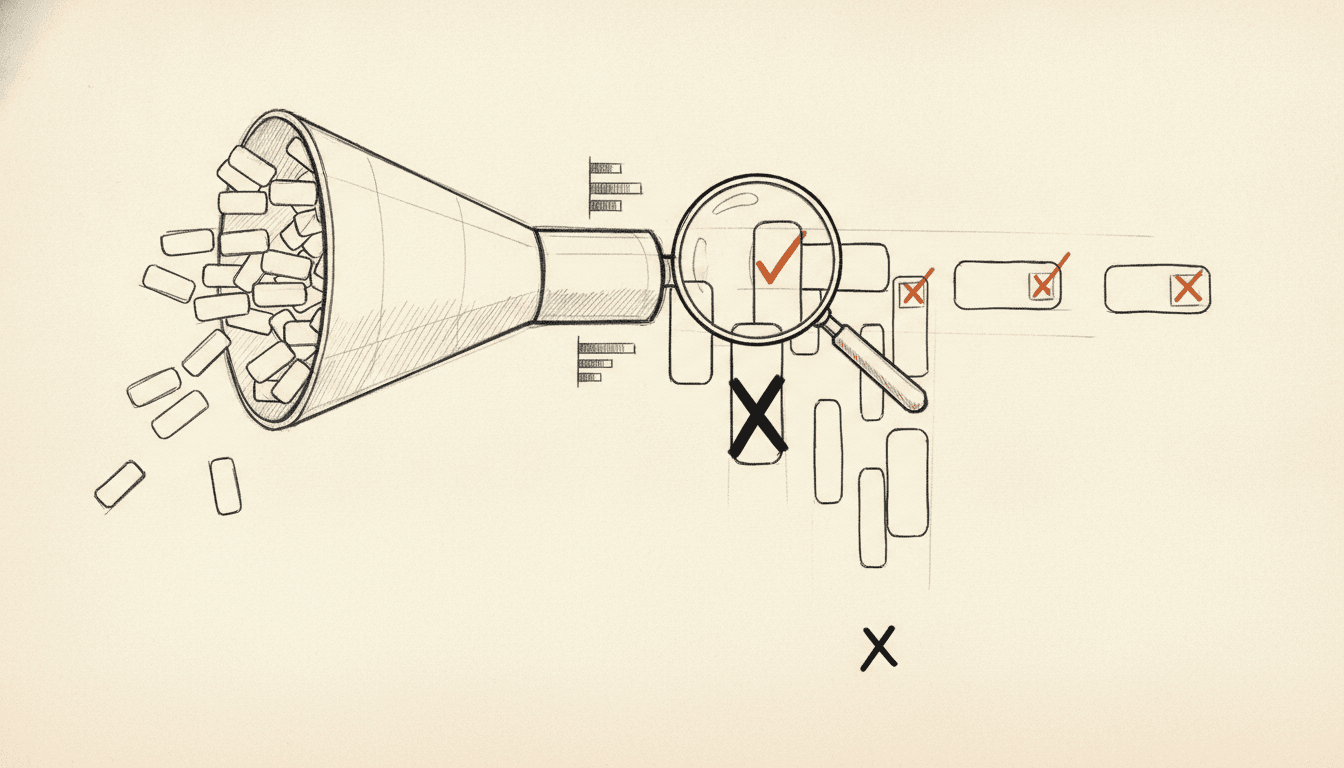 Sketch of an AI audit: a funnel of many idea-cards narrowed by a magnifying glass into a few kept ones marked with checkmarks and the rest discarded with X marks
