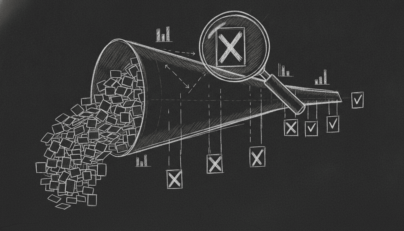 Sketch of an AI audit: a funnel of many idea-cards narrowed by a magnifying glass into a few kept ones marked with checkmarks and the rest discarded with X marks